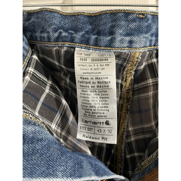 Carhartt Flannel Lined Jeans Workwear Men’s 42X32 Relaxed Fit Light Washed Denim - Picture 3 of 7